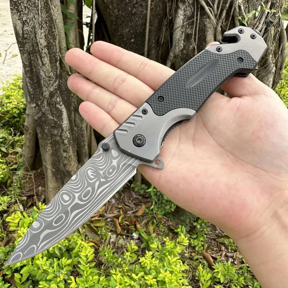 Damascus Pattern Folding Knife, Portable EDC Outdoor Pocket Knife, Multi-purpose Camping Knife, Suitable for Hiking BBQ Knife