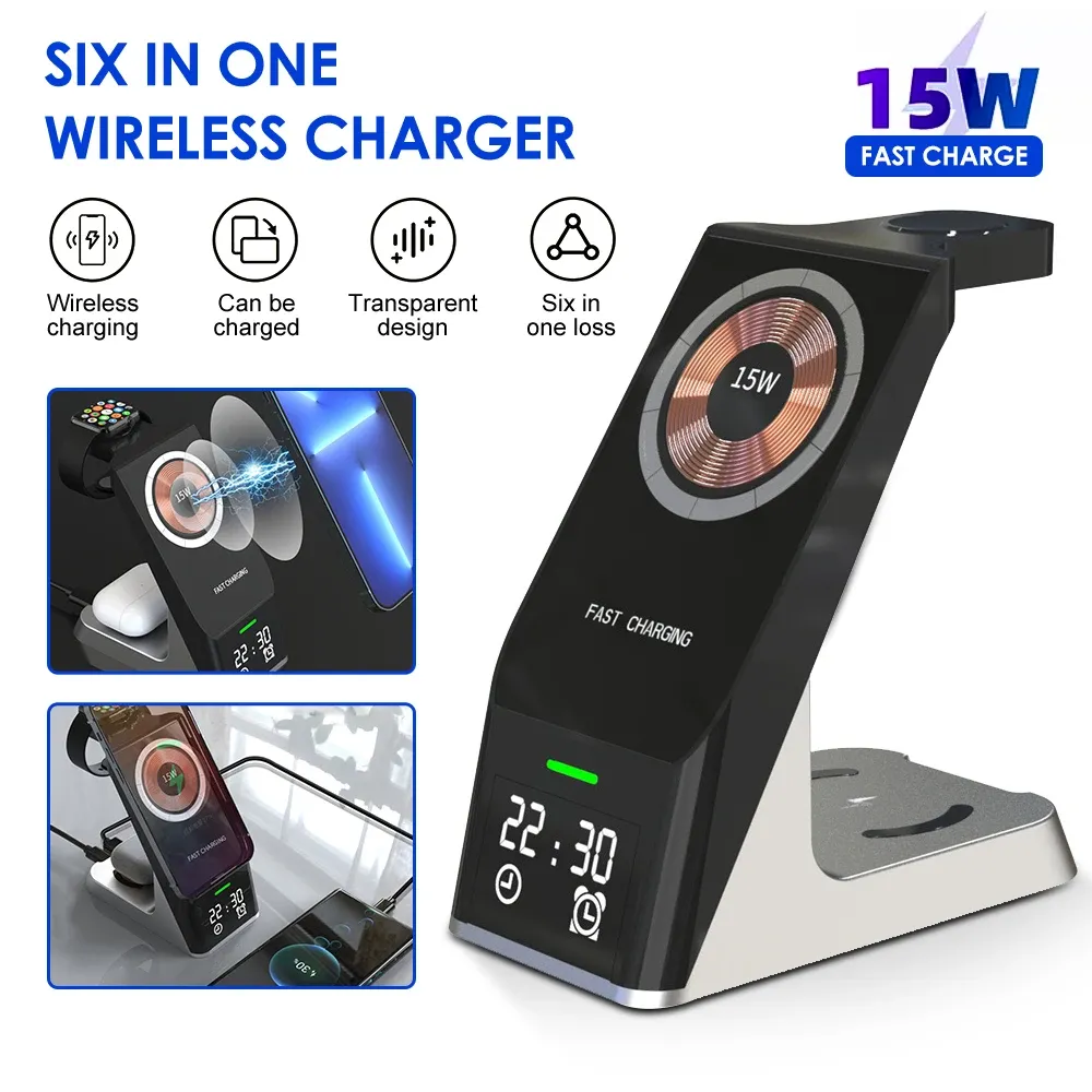 Chargers 6 in 1 Wireless Charger Stand Alarm Clock Fast Charging Dock Station for Samsung IPhone 15 14 Por Apple Watch Airpods Pro iWatch