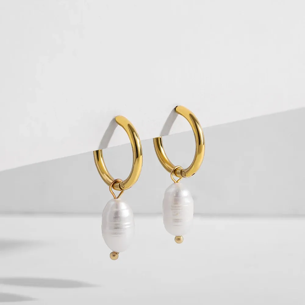 Clips Minimalist Eardrop Pearl Small Hoop Earrings for Women Gold Color Stainless Steel Circle Huggies Hoops Ear Buckle Jewelry 2022
