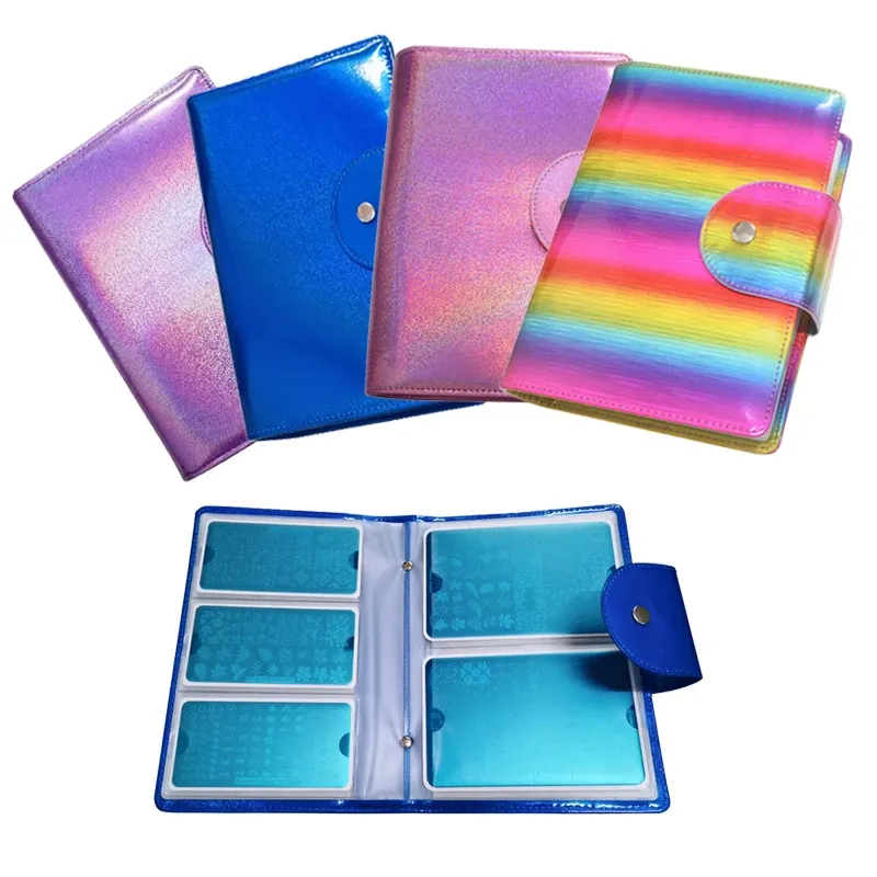 Polijsters 50slots Laser Purple/blue/pink/rainbow Nail Stamping Plate Case Rectange Storage Bag Nail Art Plate Organizer For6*12/9.5*14.5cm