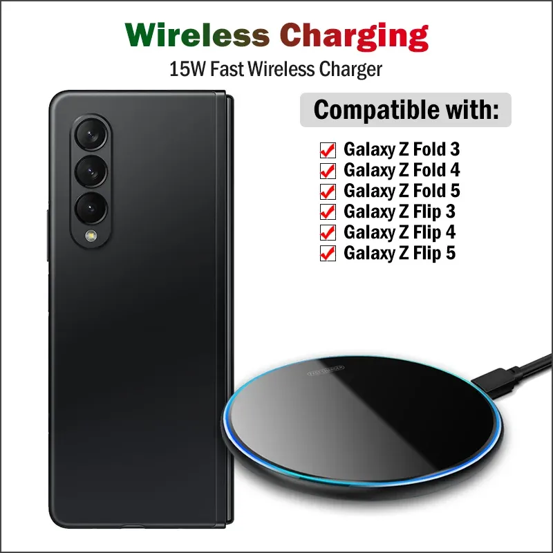 Chargers 15W Chargeur sans fil Qi Fast Qi pour Samsung Galaxy Z Fold 5 4 3 Galaxy Z Flip 5 4 3 PAD DE CHARGE SANS WIRESS avec câble USB