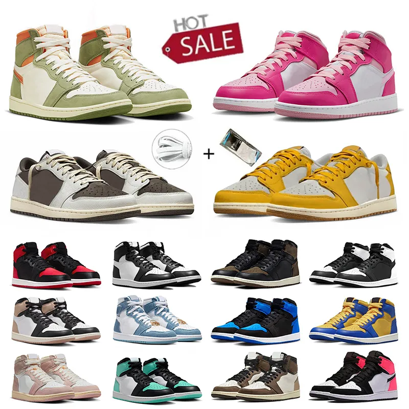 Jordan 1 Low Jorden 1s Travis Scott Reverse Mocha Low Olive Celadon Denim High Chicago Panda【code ：L】Fierce Pink Mid Men Women Sneakers Trainers