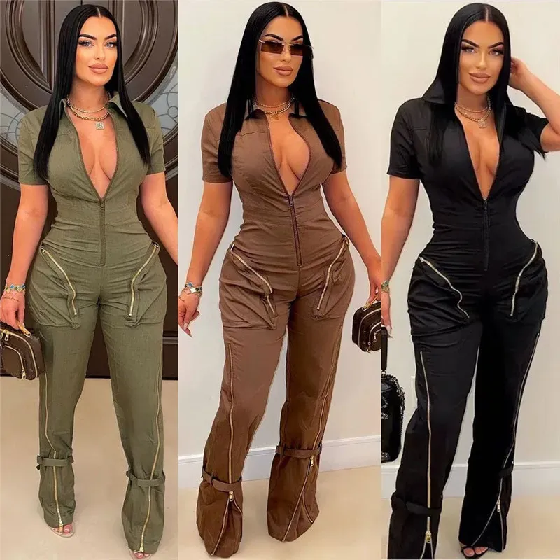 NEW Designer Spring Jumpsuits Women Short Sleeve Rompers Casual Turn Down Collar Zipper Overalls Solid Cargo Pants Bulk Wholesale Clothes