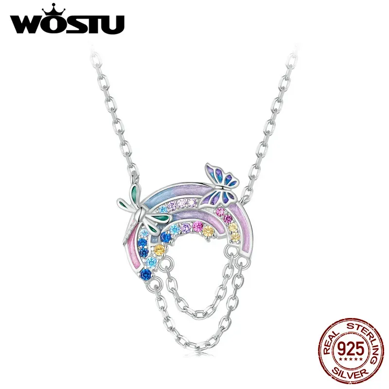 ネックレスWOSTU 925スターリングシルバーファンタジーレインボーネックフェンズバタフライペンダントリンクチェーンネックレスガールバースデージュエリーギフト