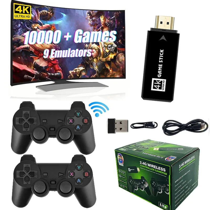 Consoles 4K Game Stick Stick mais de 10000 jogos Retro Video Game Console Plug HD Plug e Play Wireless Controller Chirstmas Gift for Kids Children