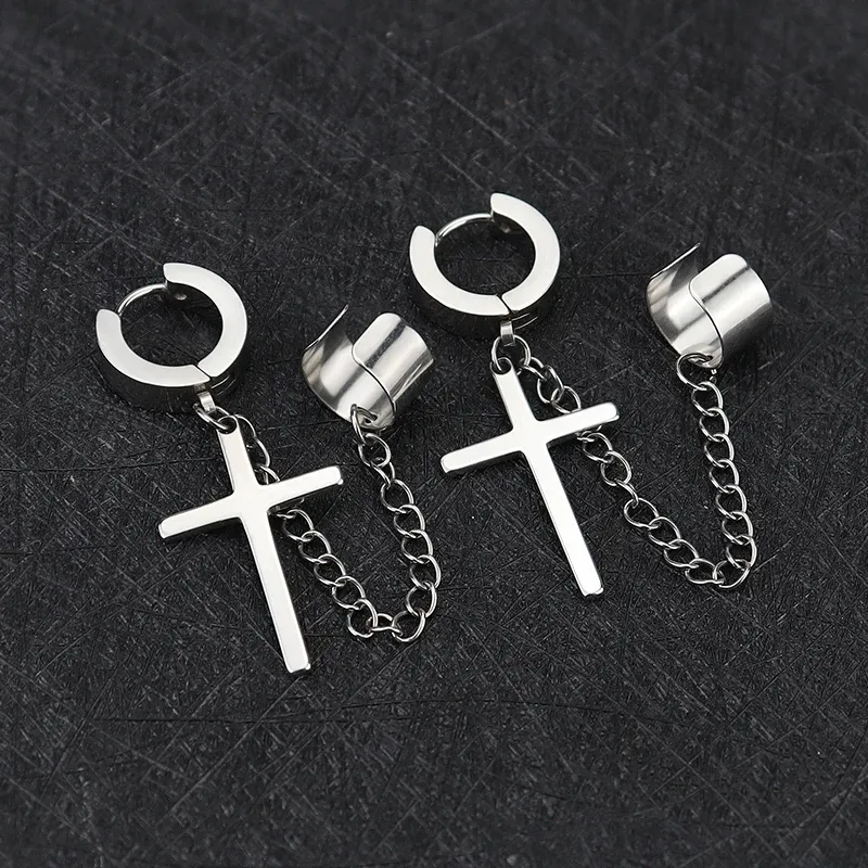 Earrings Stainless Steel Black Two Cross Tassel Chain Drop Small Hoop Cartilage Earring Men Women Clip on Ear Cuff Punk Earring Gift