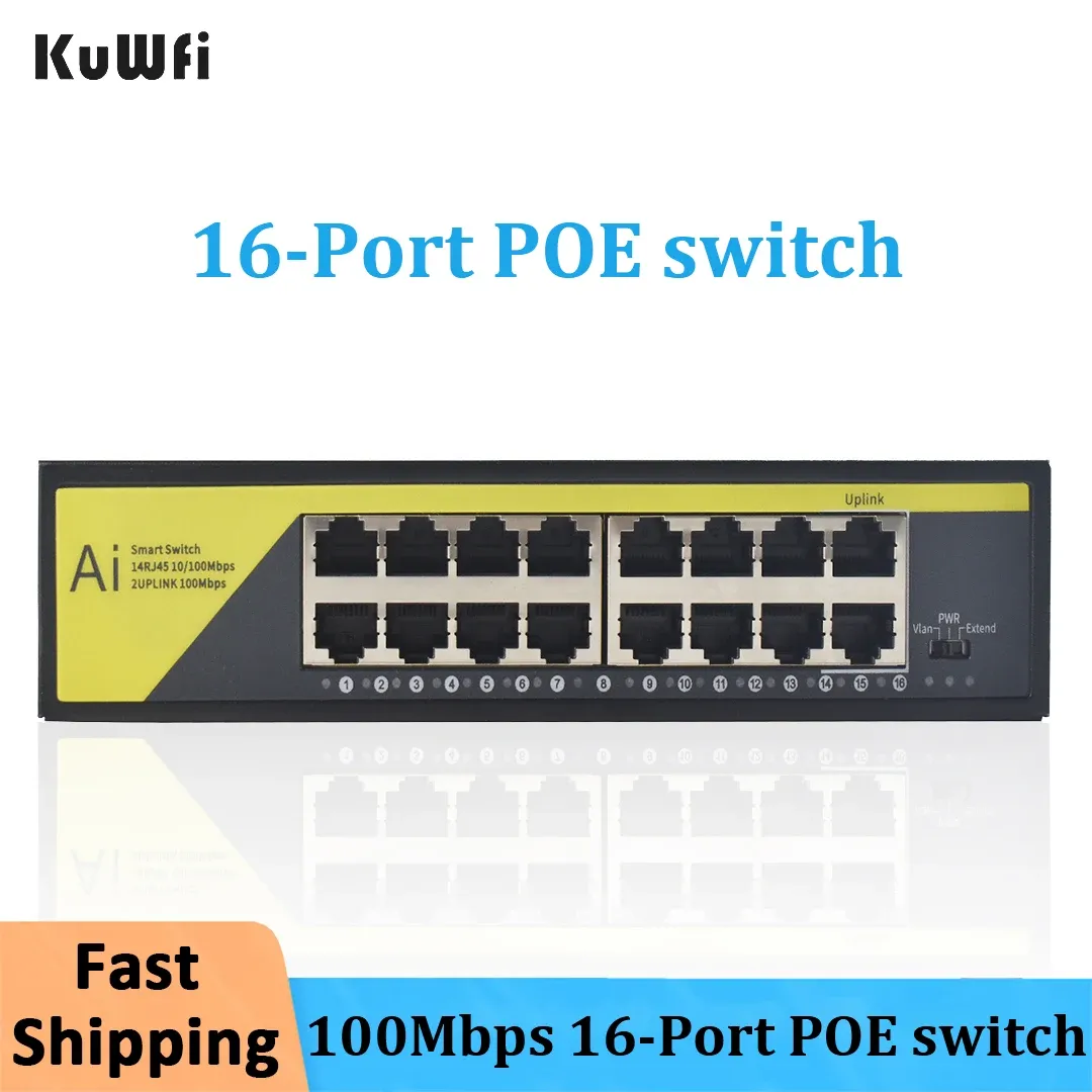 Roteadores kuwfi 16 port poe switch 10/100mbps vlan ethernet switch uplink plug and play switch de rede para câmera IP CCTV/roteador wifi