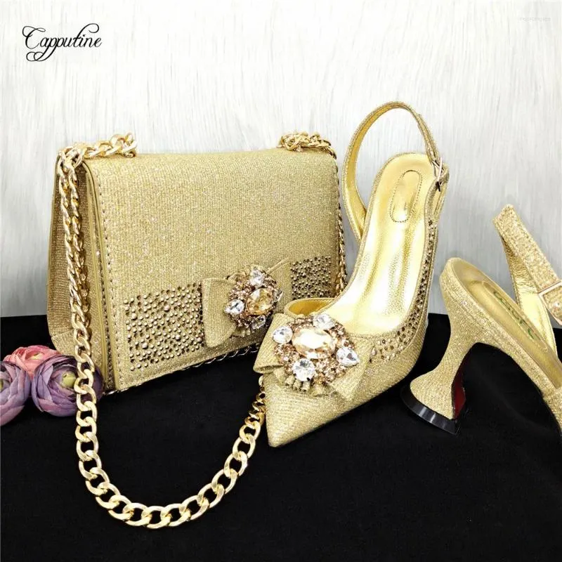 Vestido Sapatos Gold Mulher e Bag Set para combinar com bombas de partidos africanos com sandálias de moda de bolsas de ombro escarpins femme sandálias mm1147