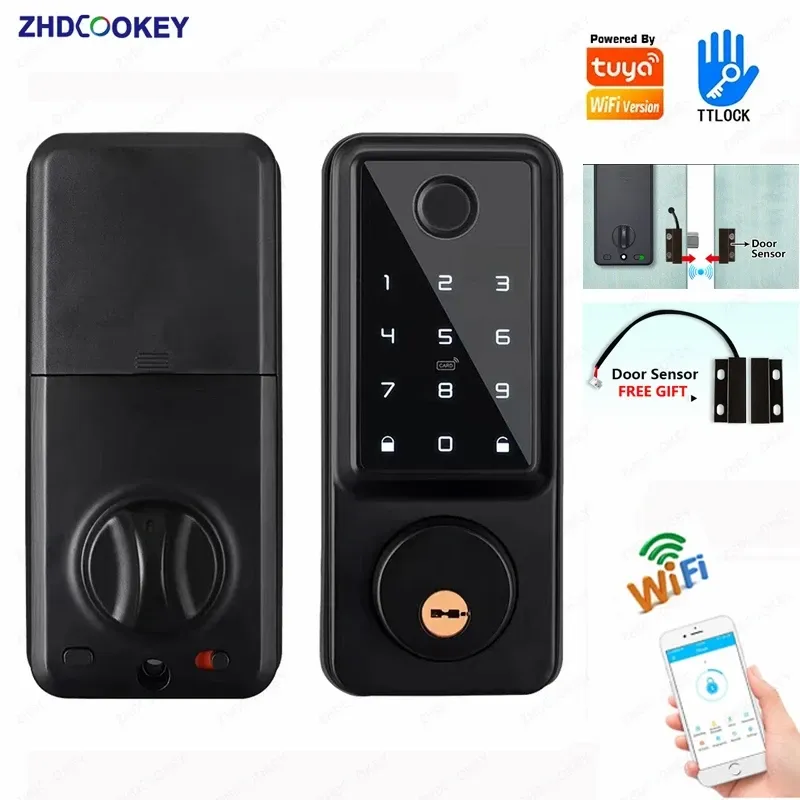 Controle Tuya WiFi Ttlock App Bloqueio Sensor de porta de impressão digital Fechadura Eletronic Digital Senha Digital Cartão IC Deadbolt Smart Door Lock for Home