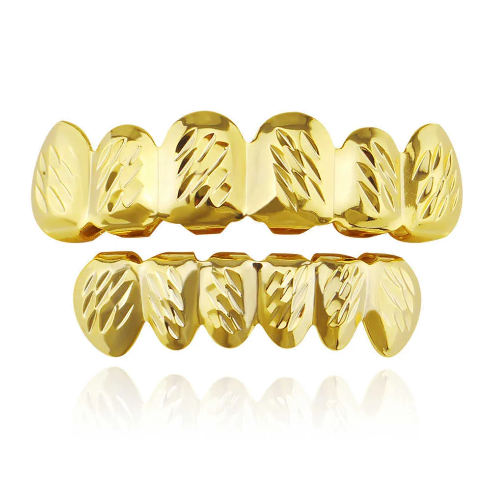 18K gold-plated concave convex pattern hip-hop braces Grills for men and women with smooth six tooth vampire gold teeth accessories