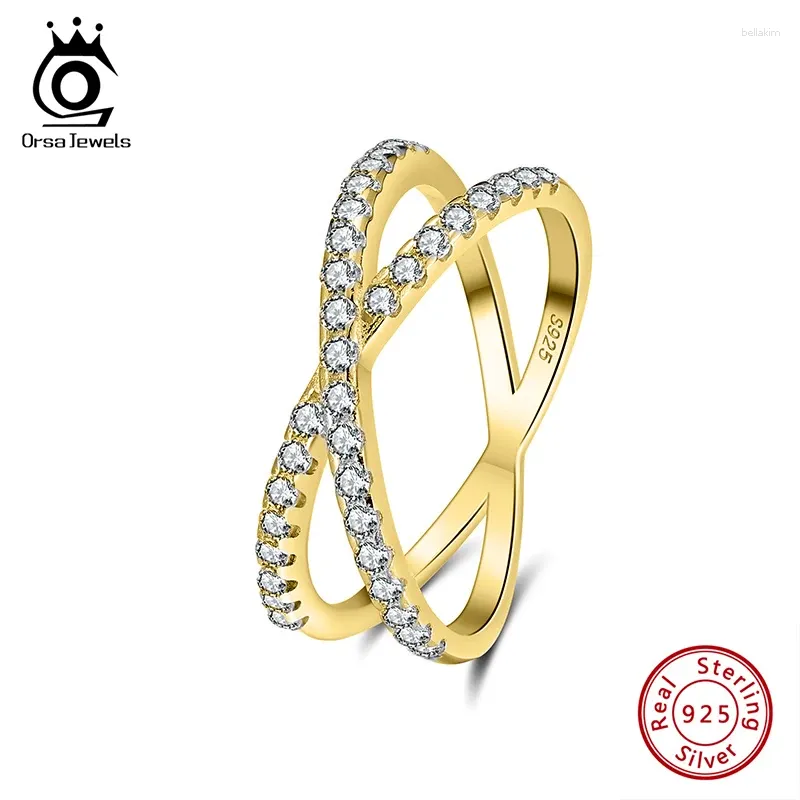 Cluster Rings ORSA JEWELS 14K Gold Plated Sterling Silver X Ring Brilliant CZ Criss Cross For Women Wedding Eternity Band Jewelry SR240