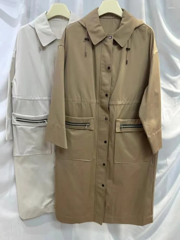 Trench Coats pour femmes 24 b / c en coton peigné lâches grandes poches zipper perlé vieillit décontracté à la veste de brise-vent en milieu de longueur