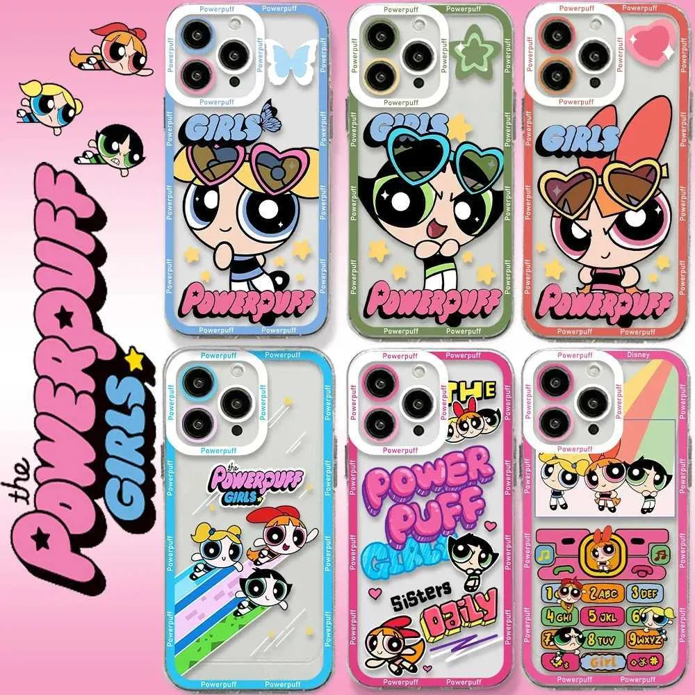 Téléphone portable Bumpers Cartoon Powerpuffs Girls Téléphone Case pour iPhone 15 14 13 12 Mini 11 Pro Max XR XSS SE 7 8 Plus Soft Transparent Cover Girl Gift Y240423