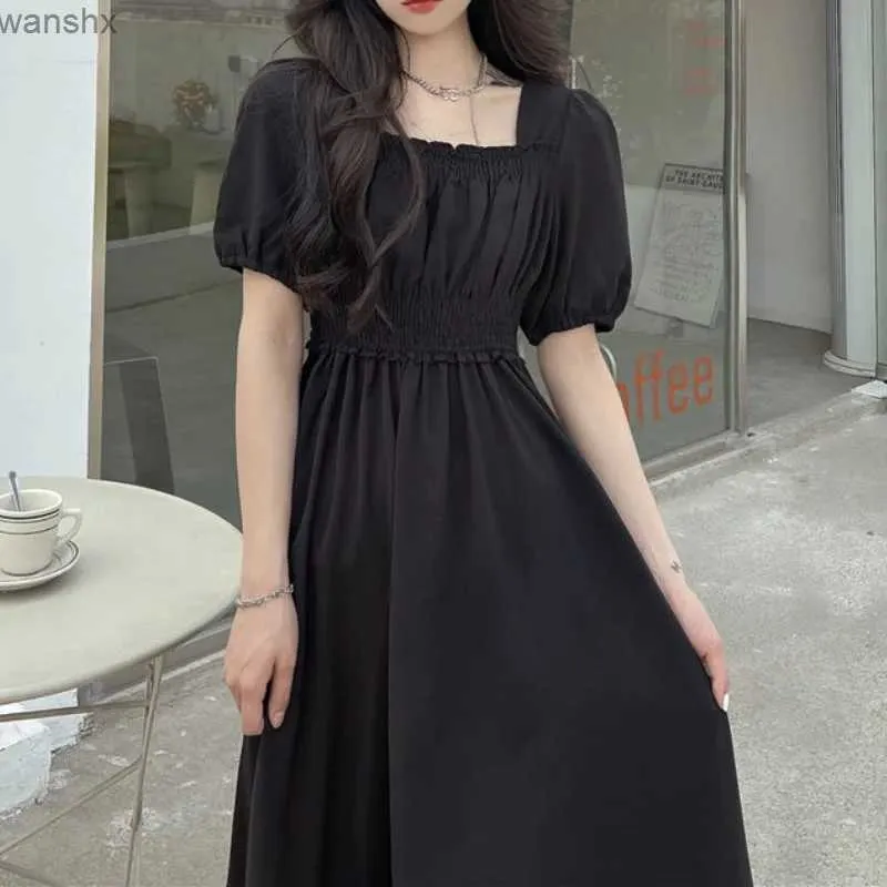 基本的なカジュアルドレスHouzhou Black Vintage Midi Dressegant Woman Dresses Square Collar Puff Sleeve特大のゆるいカジュアルサンドレス女性Robel2404