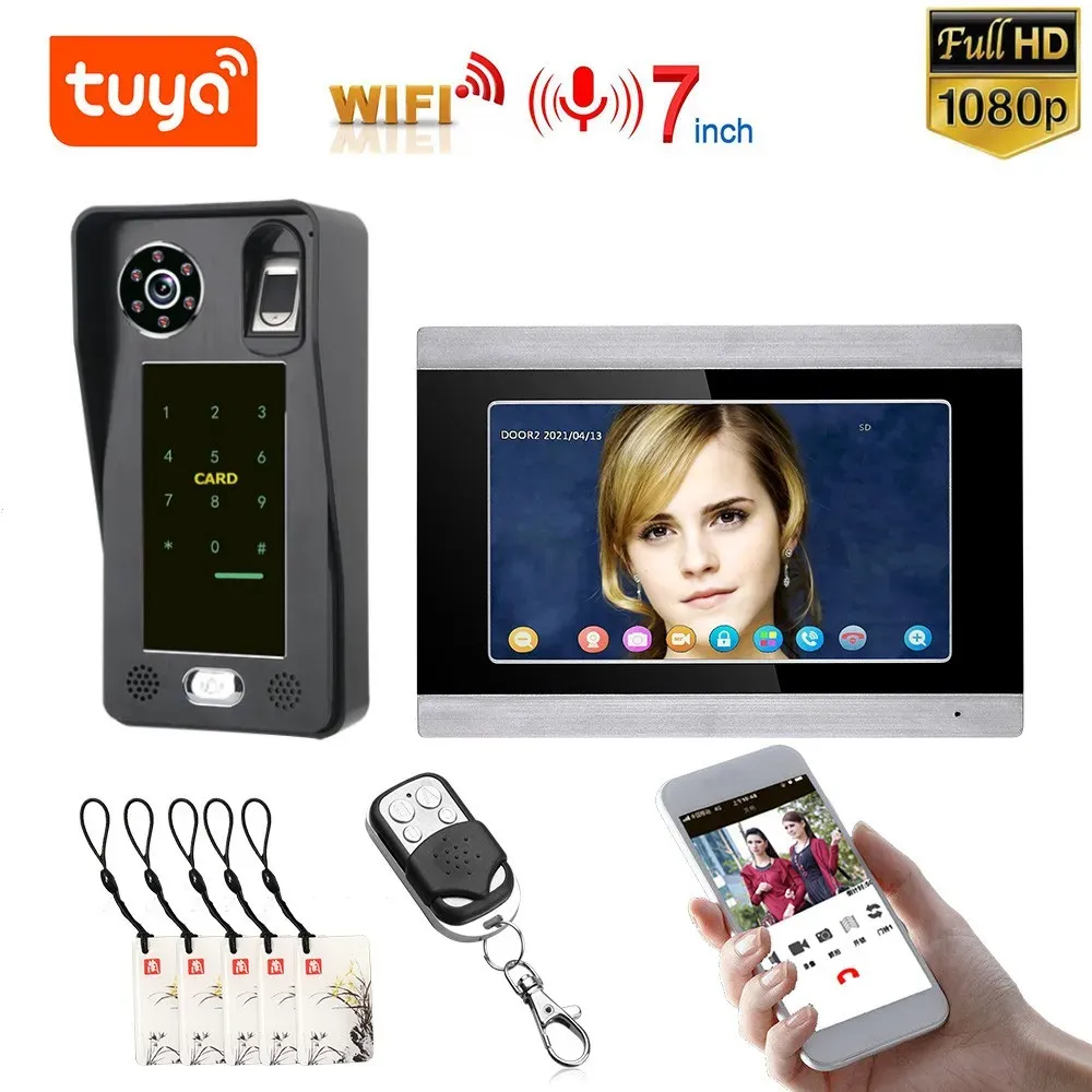 Kameror 7 tum WiFi trådlöst fingeravtryck IC -kort videodörrtelefon Dörrbell Intercom System med trådbunden HD 1080p kamera