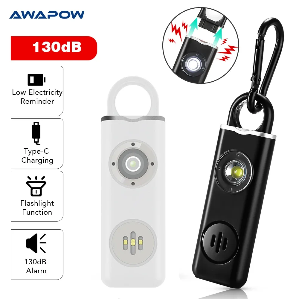 Accessoires Awapow Persoonlijk defensie Alarm 130DB met LED -licht Oplaadbare zelfverdediging Vrouw Veiligheid Alarm Key Chain Emergency Antiattack