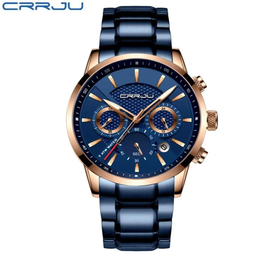 CWP 2021 Crrju Business Men Watch Watch Fashion Blue Chronograph Stianless Steel Wristwatch Casual étanroproof Clock Relogie Masculi8477019