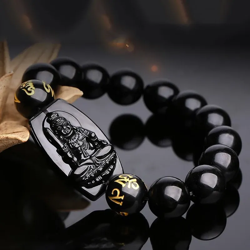 Braccialetti Amitabha segni zodiacali Braccialetti uomini Black Obsidian scolpito statua di Buddha Lucky Amulet Maitreya Bangles Natal Year Gioielli Regali