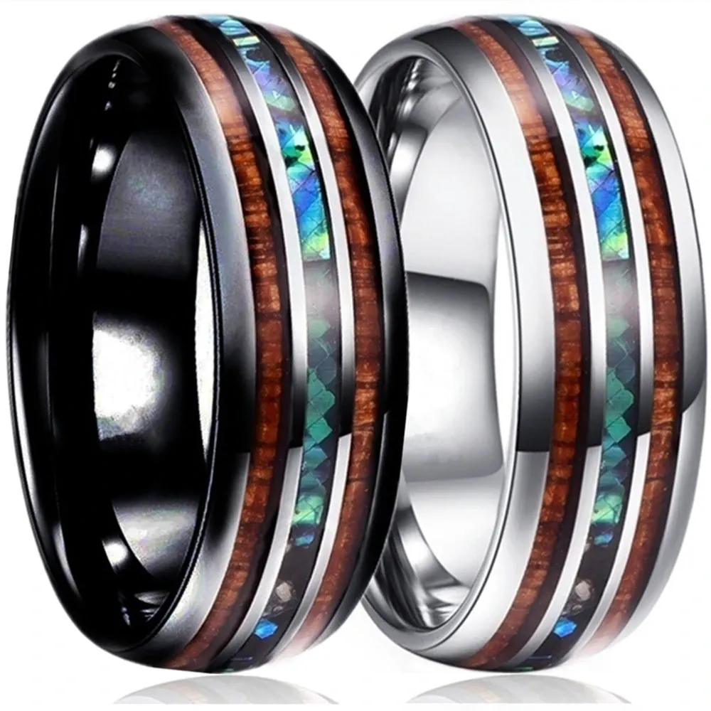 Bandas fdlk novo casal de 8mm de 8mm de tungstênio aço de aço aço havaiano koa madeira abalone shell ring masculino aliança de casamento feminina