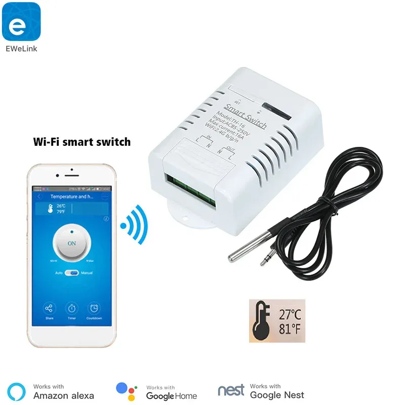 Kontroll EWELINKAPP TH16 SMART WIFI SWITCH 16A/3000W övervakningstemperatursensor RF433 Fjärrkontroll kompatibel med Alexa Siri