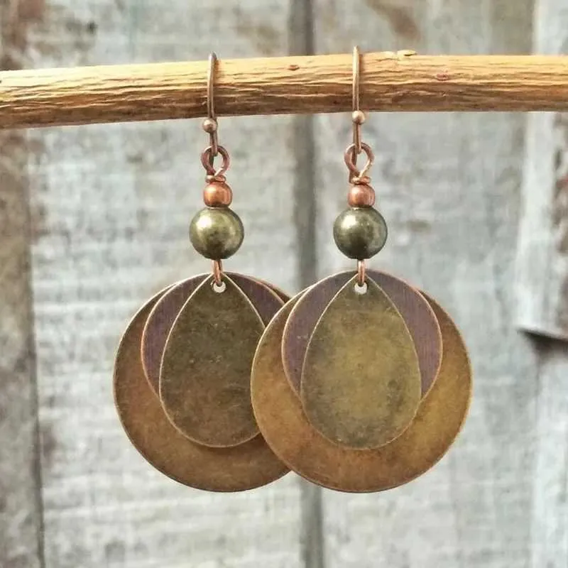 Charm Ethnic Round Bronze Carved Earrings for Women Bohemian Metal Gold Color Old Distressed Beaded Hook Dangle Earrings Jewelry Gifts Y240423