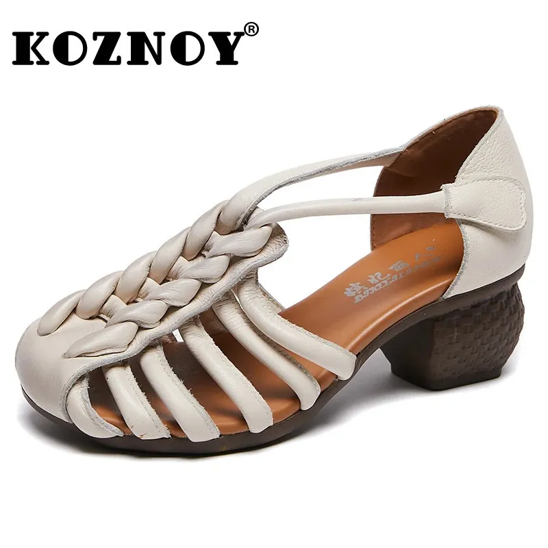 Koznoy 5cm Women Sandals Ethnic Hollow Shoes Genuine Leather Summer Hook y Heel Ladies Elegance Artistic Comfy Weave Flats 240417