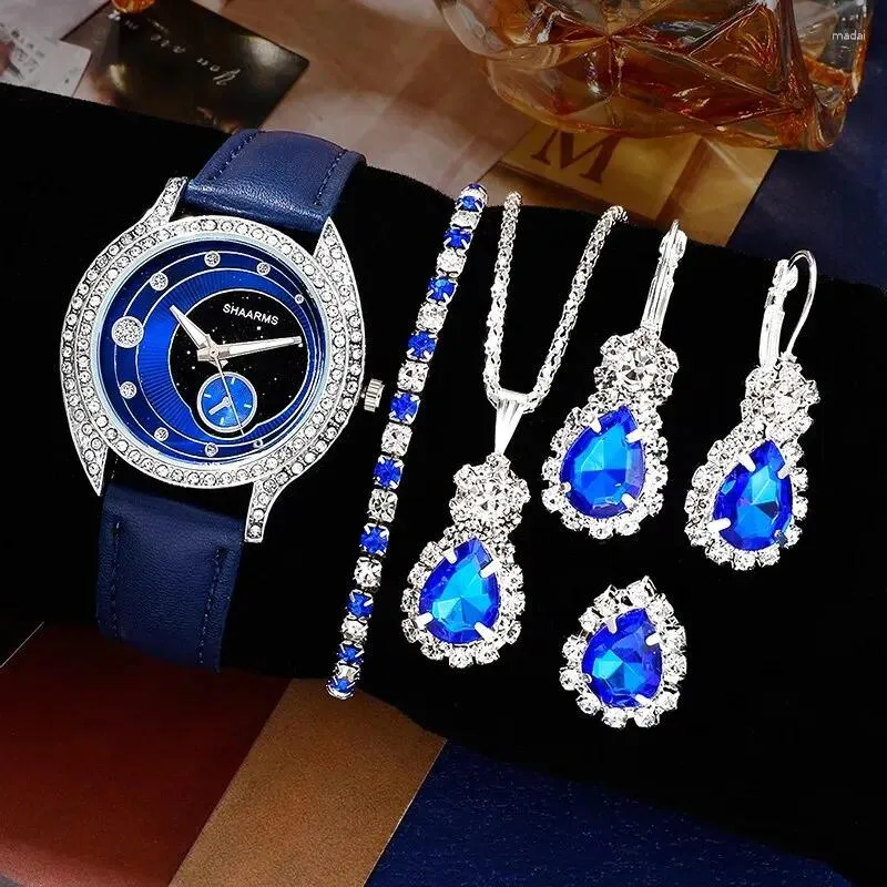 Zegarstki na rękę 6pcs Ustaw luksusowe damskie kwarcowe zegarki dla kobiet magnetyczny zegarek sportowy sukienka sportowa niebieska