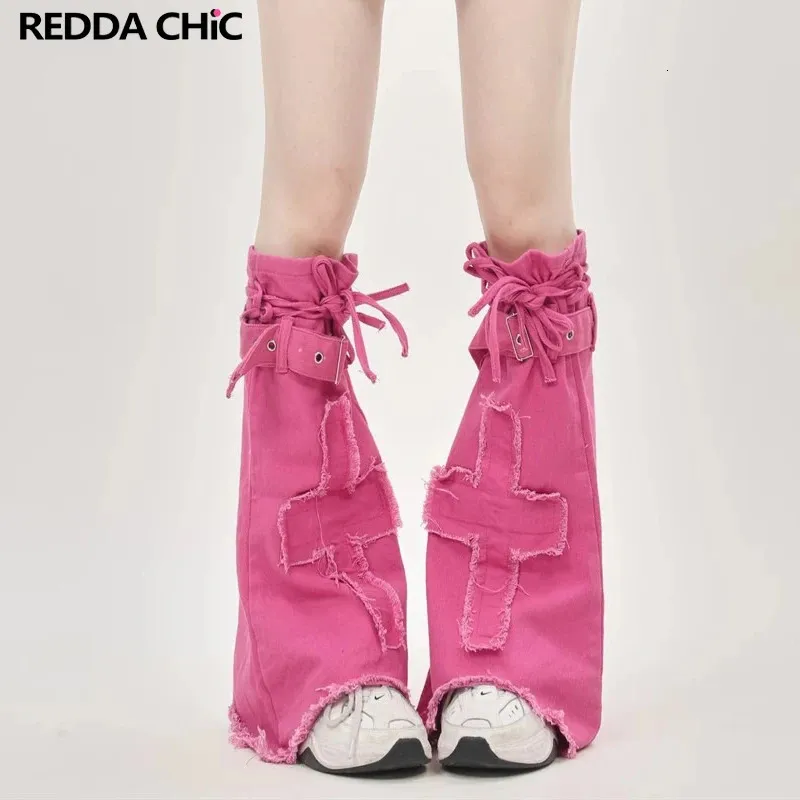 REDDACHiC Barbiecore Pink Denim Leg Warmers Women Frayed Boots Cover Cross Patched Bandage Knee-Long Socks Y2k Dopamine Clothing 240422