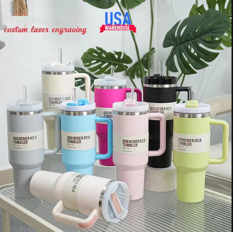 US stock Quencher H2.0 40oz Stainless Steel Tumblers Cups with Silicone handle Lid And Straw 2nd Generation Car mugs Keep Drinking Cold Water Bottles GG0423