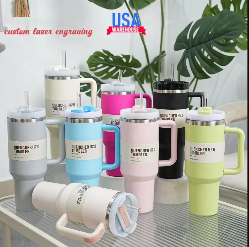 US -Stock -Quencher H2.0 40 Unzen Edelstahl Tumblers Tassen mit Silikongriff Deckel und Stroh 2nd Generation Car Becher trinken immer wieder kalte Wasserflaschen GG0423