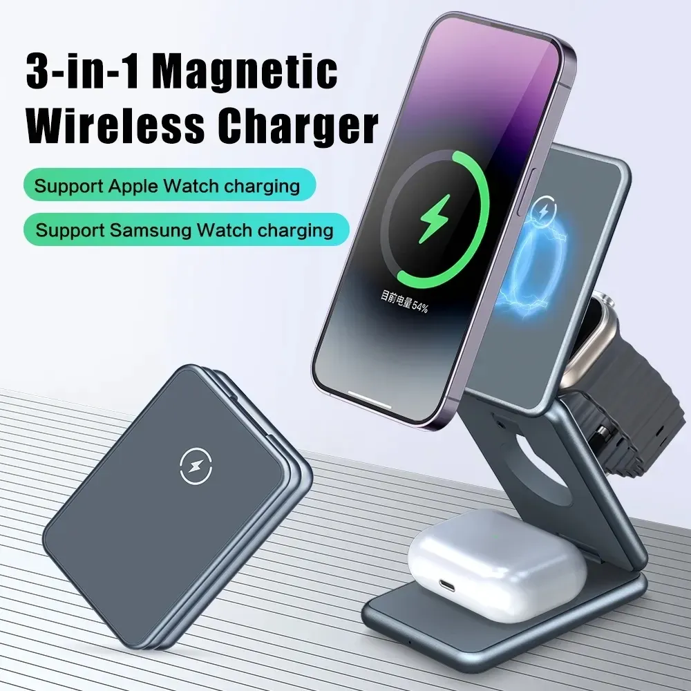 Laders Portable 3 In 1 opvouwbare draadloze lader Stand Dock voor iPhone15 14 13 Holder Magnetic Fast Charging Station voor Apple Watch S8