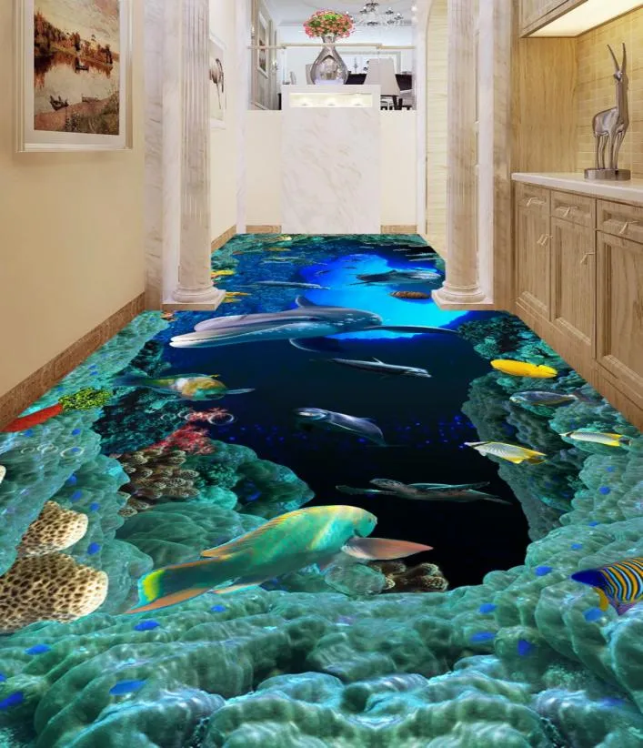 Пользовательские обои 3D -этаж современные арт -реки камни ванная комната фреска фрески в дыре в Dolphins PVC Self -Lowersive обои Waterp2635734