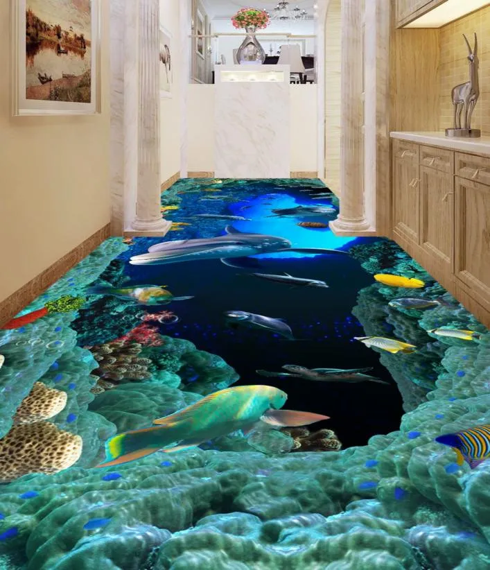 Custom 3D Floor Wallpaper Moderne Art River Stones Badezimmerboden Wandgemälde Das Loch in den Dolphins PVC Selfadhäsive Tapete Wasserpapier 2635734