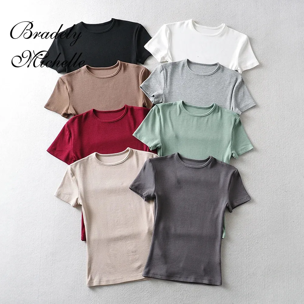 Bradely Michelle Casual Summer Woman Skinny Fit Tshirt Tight Shortsleeve Oneck Tee Basic Solid Crop Tops T Shirt 240416