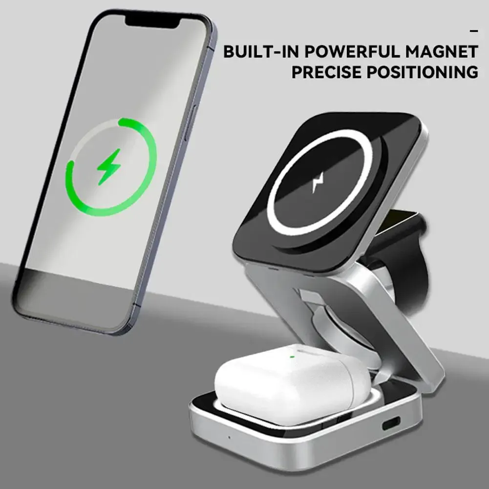 Chargers Portable 3 em 1 Docante de suporte de carregador sem fio dobrável para o suporte do iPhone Magnetic Fast Charging Station para Apple Watch Samsu X8J5