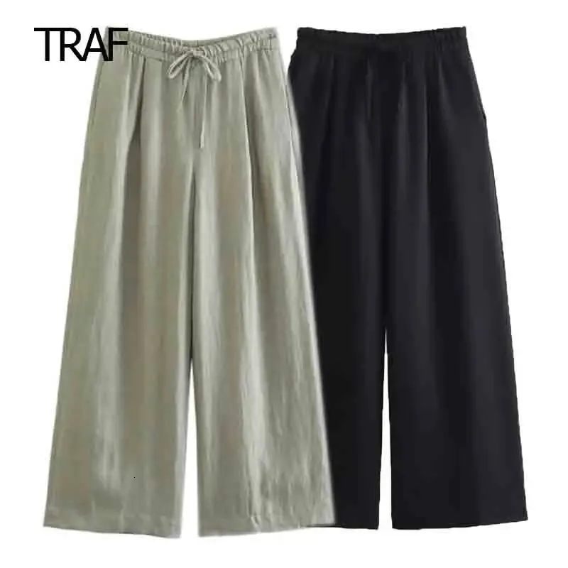 TRAF Linen Wide Leg Pants Women High Waist Autumn Baggy Trousers Elastic Bows Elegant Fluid Ladies 240410