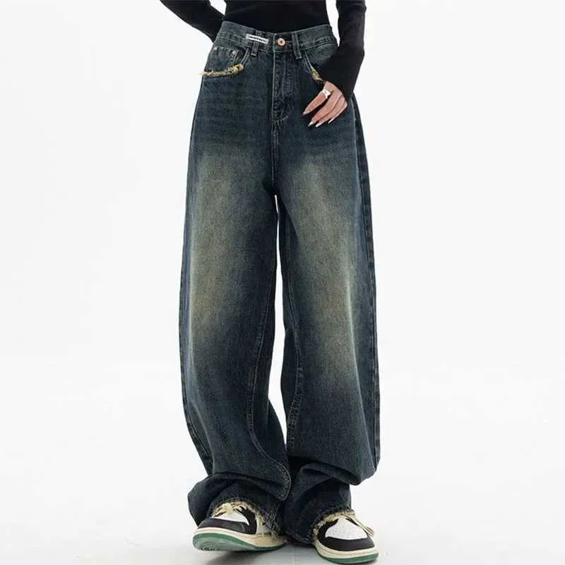 Kvinnors jeans kvinnors höga midja jeans harajuku strön retro mode våren och hösten lösa breda ben rakt löst denimbyxor fickbyxor y240422