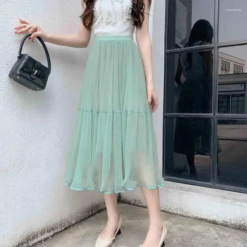 Skirts Summer Vintage Tulle Skirt Women Solid Color Elastic High Waist Mesh Long Pleated Tutu Female 2024