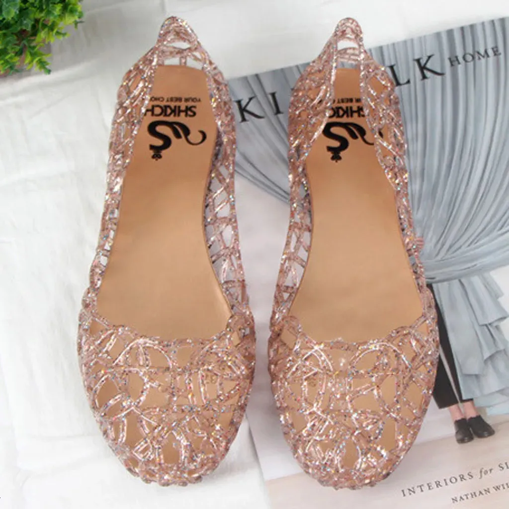 Women Bling Jelly Sandals Summer Flats Shoes Casual Female Mesh Fashion Hollow Out Slip on Ladies Shoe Comfortable Footwear 240412