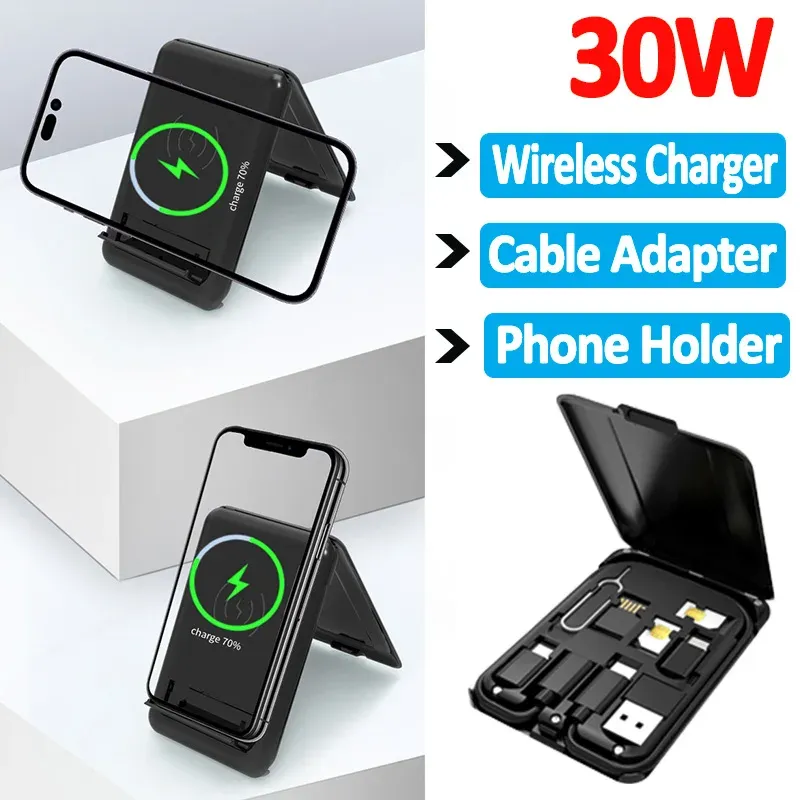 Laders 30W Wireless Charger Stand 9 In 1 Multi Cable Naald Sim Card Storage Box voor iPhone 14 13 12 8 X Samsung snellaadstation