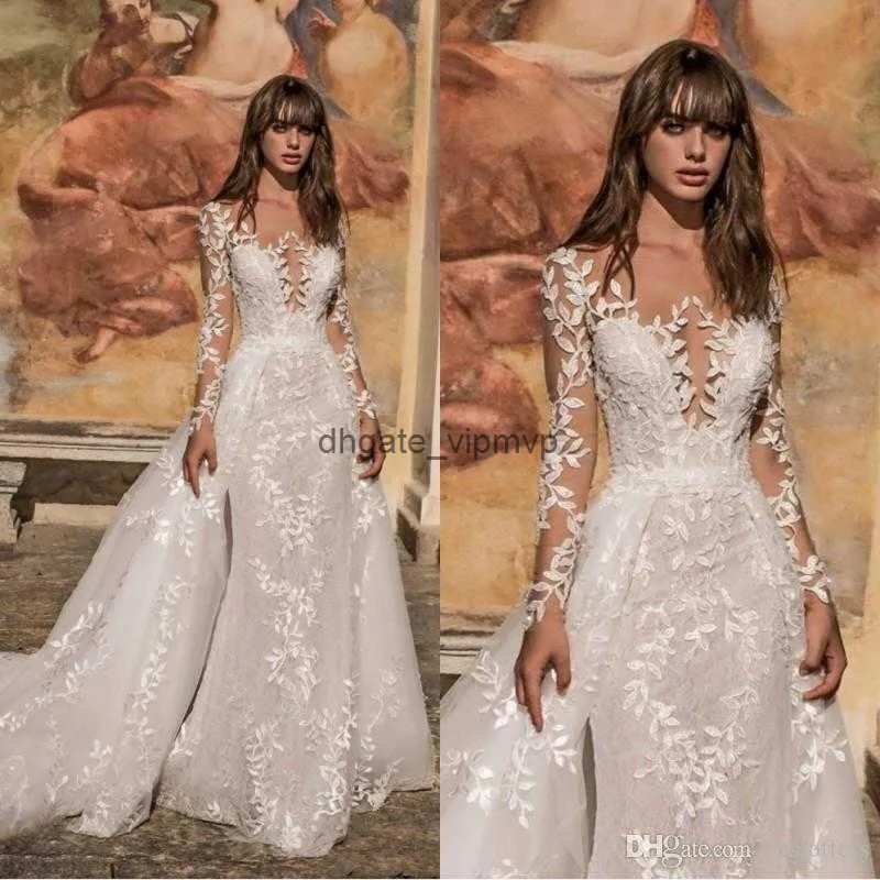 2019 Long Sleeves Mermaid Wedding Dresses With Detachable Train Illusion Sweep Train Bohemian Lace Applique Vestidos De Noiva Plus Size Gown