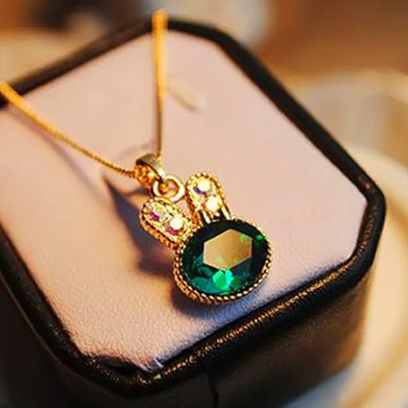 Collane europea moda semplice mare verde gioielli squisiti gioielli carini coniglio collana cristallo crystal gioielli femminile maxi collana girocollo