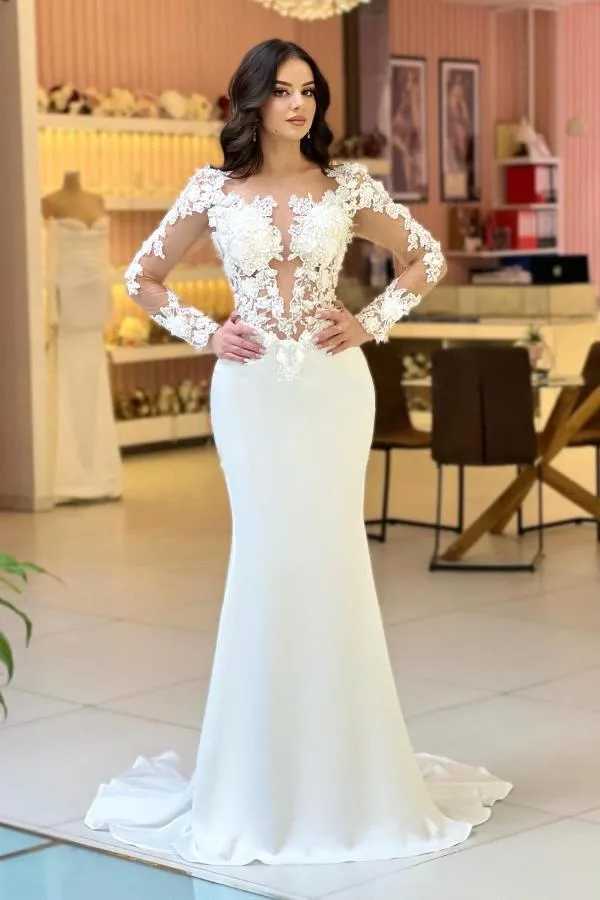 Long Sleeve Lace Mermaid Wedding Dress Floor-Length Backless Covered Button  Bridal Gown from Dhgate Mermaid Wedding Dresses - price 283.65