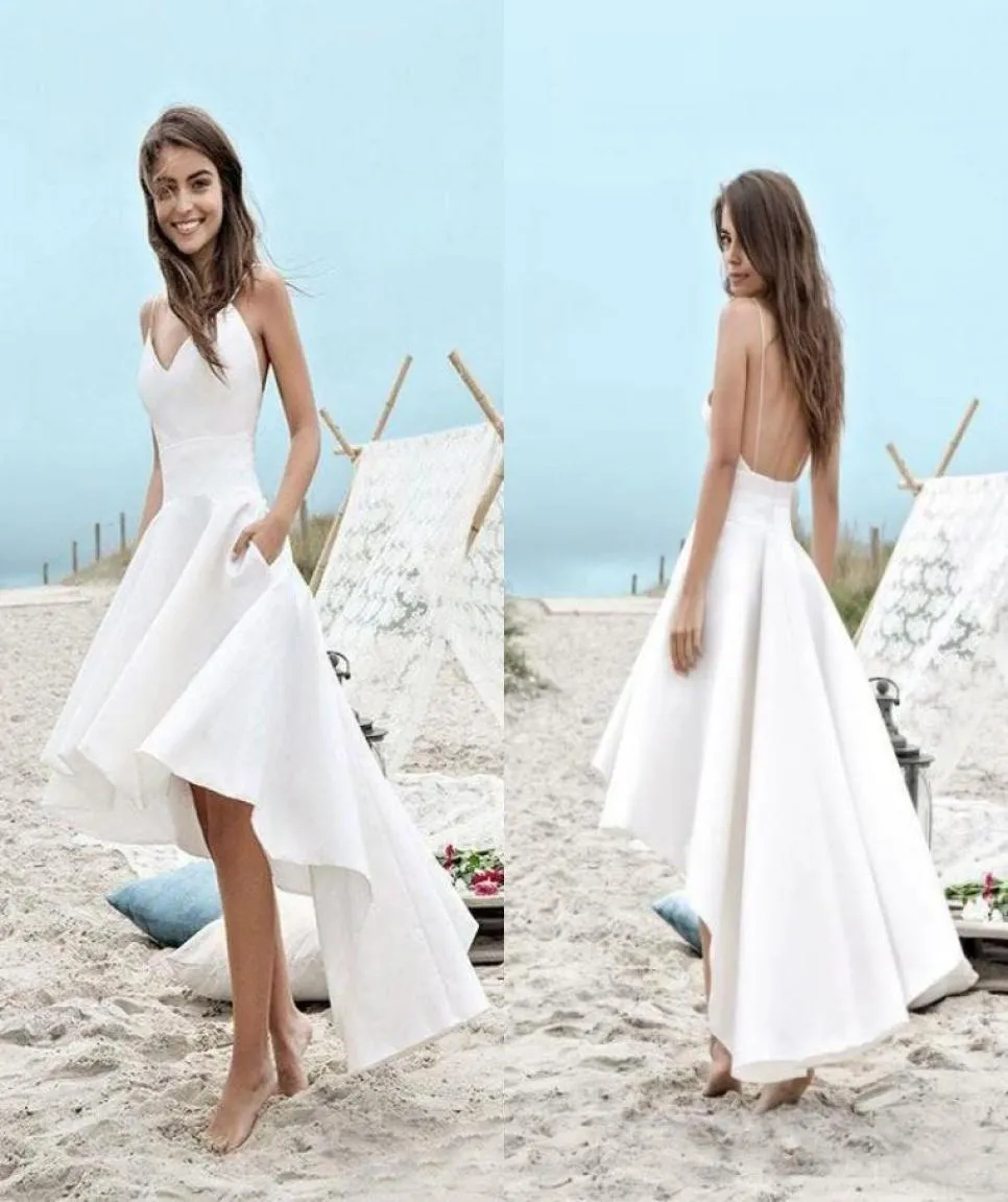 Summer Beach High Low Weedding Dresses Spaghetti Cinghies A Line Short Front Front Back Back White Chiffon Vestidos de nolia7432413