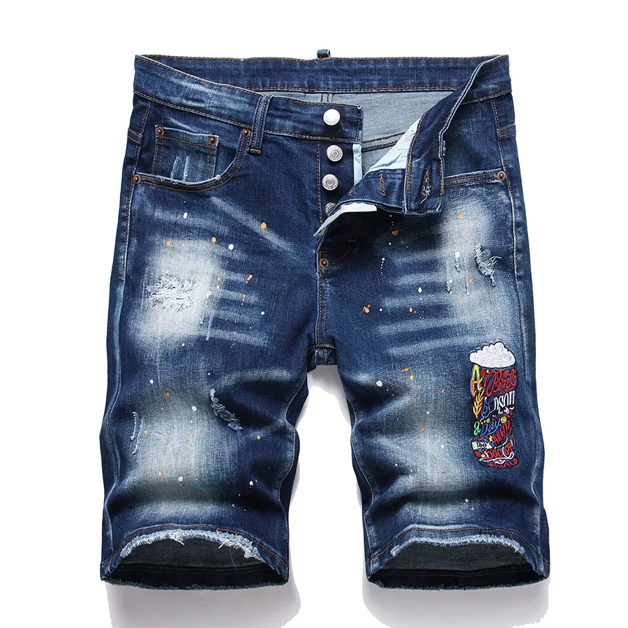 Projektant dżinsów szorty męskie ciemnoniebieskie dżinsowe hafty krótkie spodnie mody dziury spodni US rozmiar 30-38 hip hop w trudnej sytuacji zamek błyskawiczny dla mężczyzn 3753