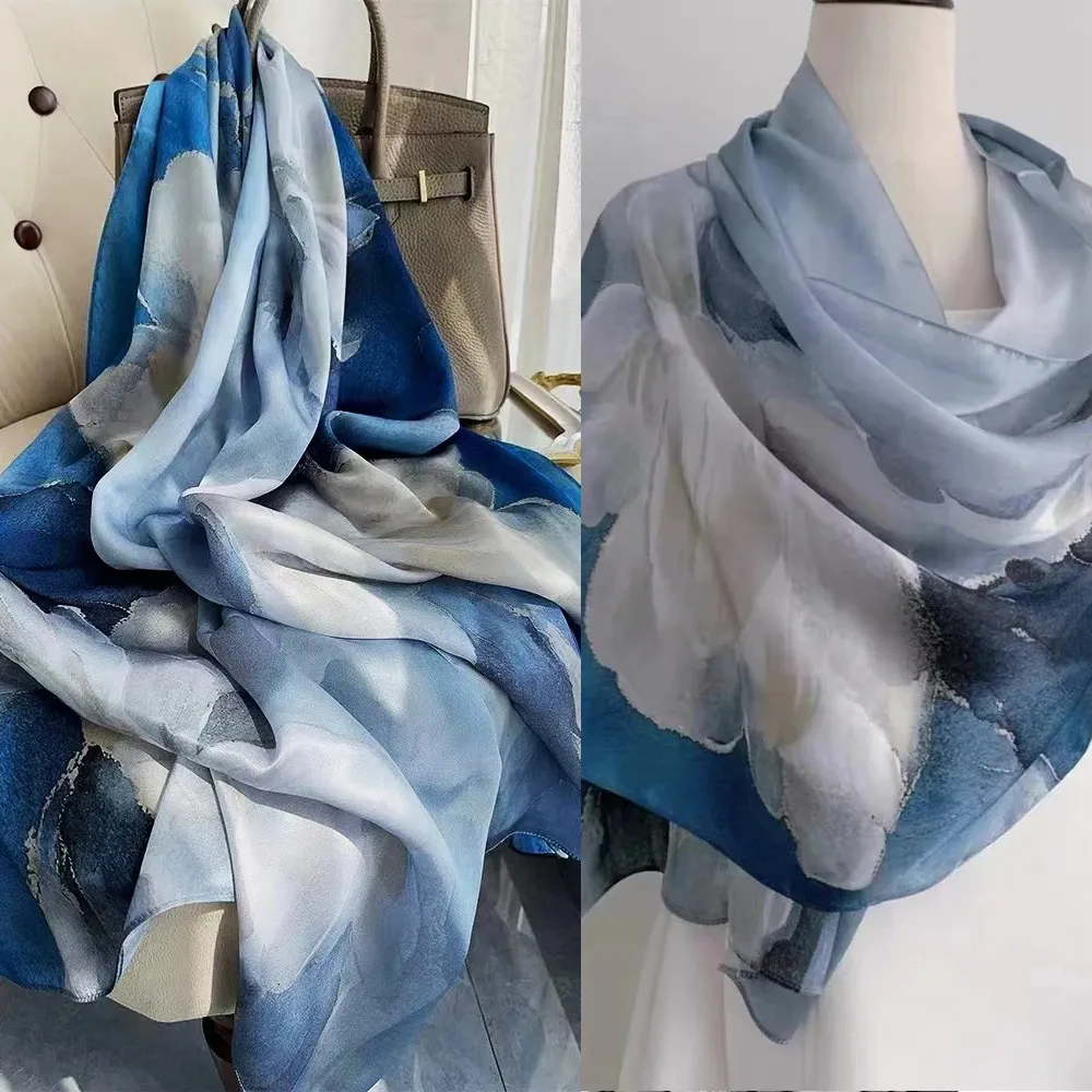 China Style Blue White 100% Silk Flower Womens Scarf Shawl Dufanda Fall Winter Long Scarves Hijabs Fashion Brand Silk Scarf 240418