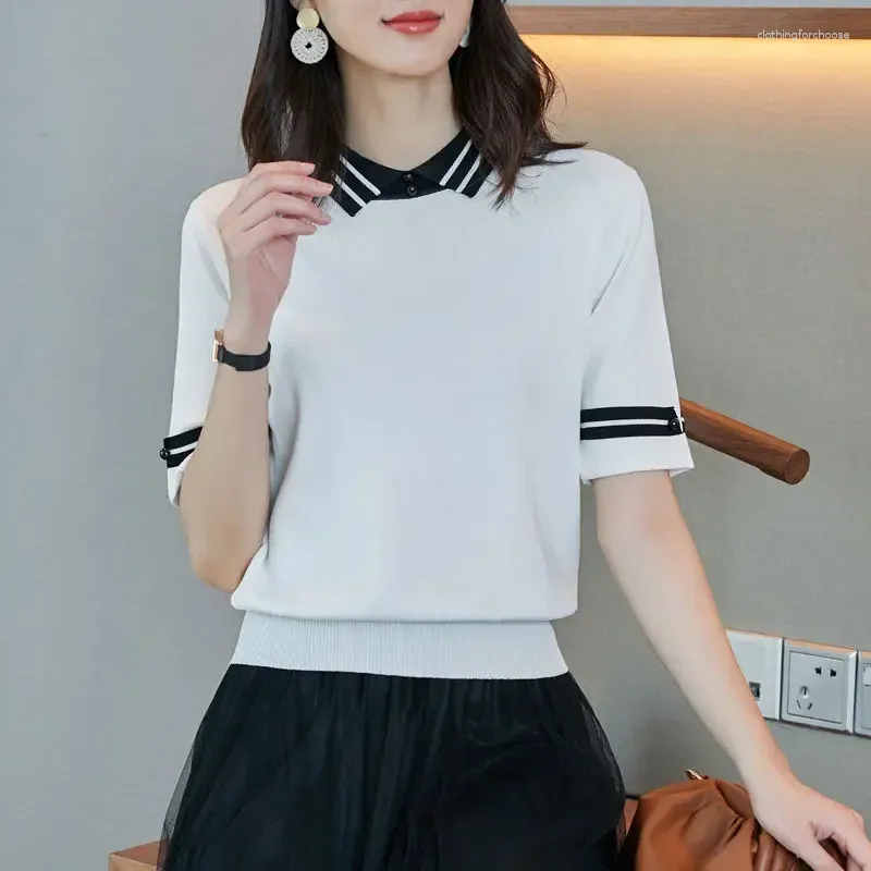 Women's Polos White Short Sleeve Tee Clothing Knit T-shirt Woman Black Polo Neck Shirts For Women Tops V Y2k Fashion Cotton Aesthetic Cute