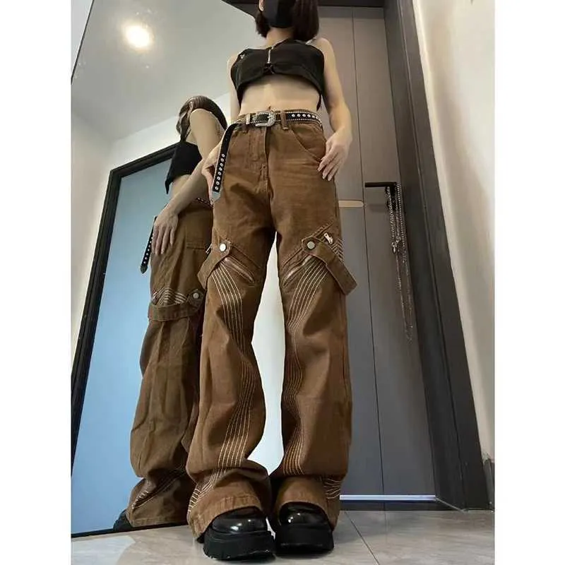 Women's Jeans Y2k Brown Vintage Bandage Grunge Jeans Hip Hop Fairycore Mom Denim Pants Female 90s Strt Style Wide Leg Trousers Women Y240422