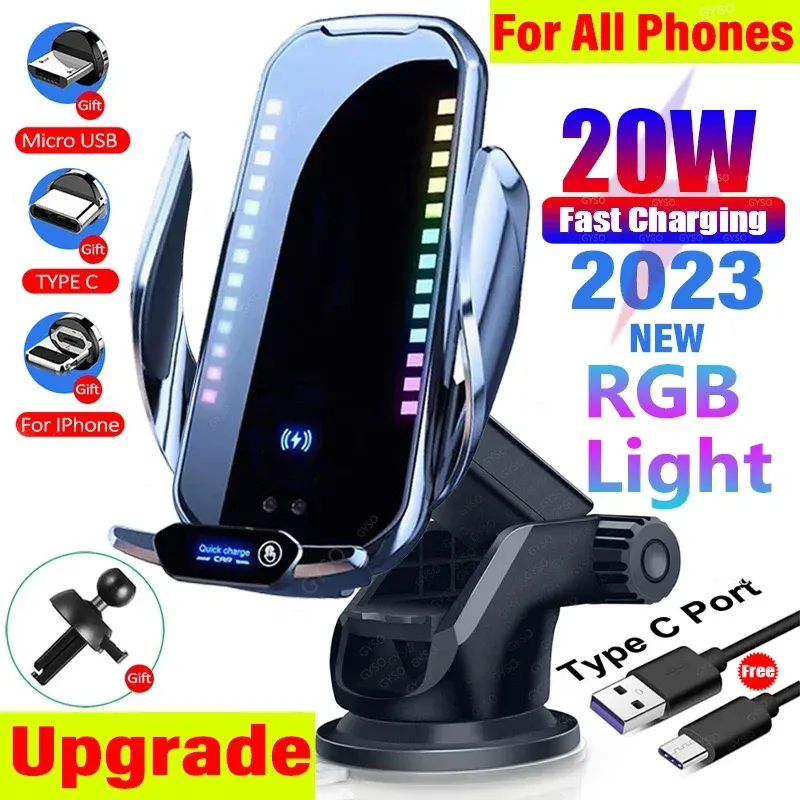 Chargers RGB CAR TOLITOR DO TOPO DE 20W CARREGADOR sem fio para iPhone 11 12 13 14 15 Pro Xiaomi Samsung Vents Dashboard Bracket Carregamento sem fio