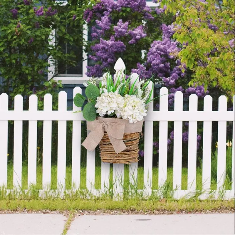 Fleurs décoratives porte d'entrée couronne de printemps hydrtensia rotin panier de fleurs bowknot pour la fenêtre extérieure intérieure suspendue